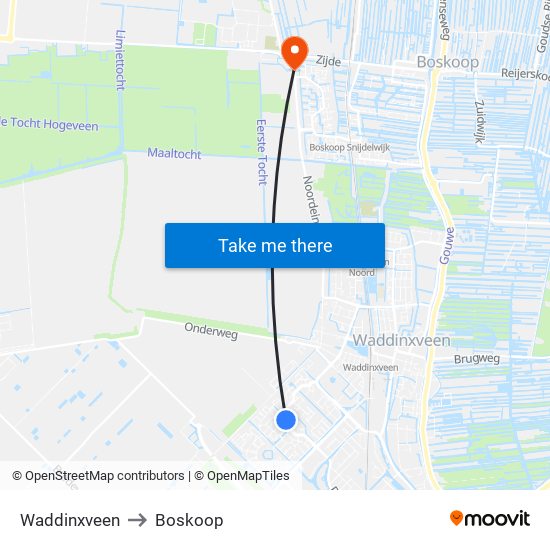 Waddinxveen to Boskoop map