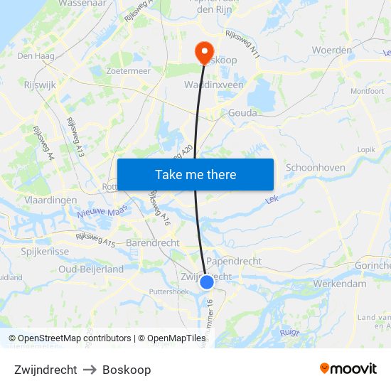 Zwijndrecht to Boskoop map