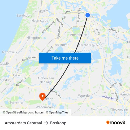 Amsterdam Centraal to Boskoop map