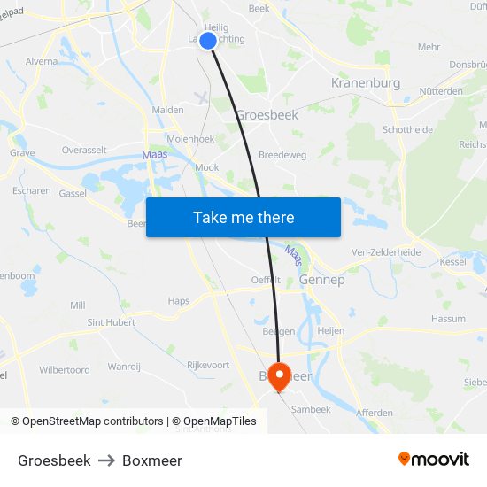 Groesbeek to Boxmeer map