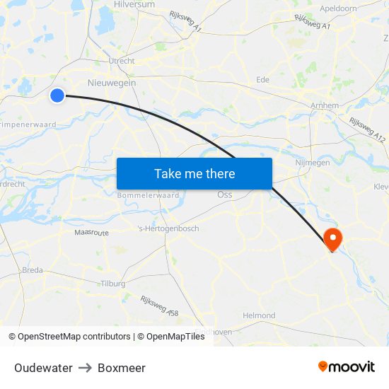 Oudewater to Boxmeer map