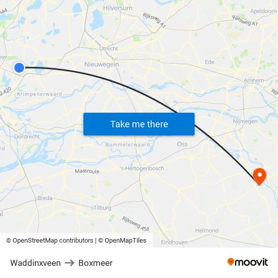 Waddinxveen to Boxmeer map