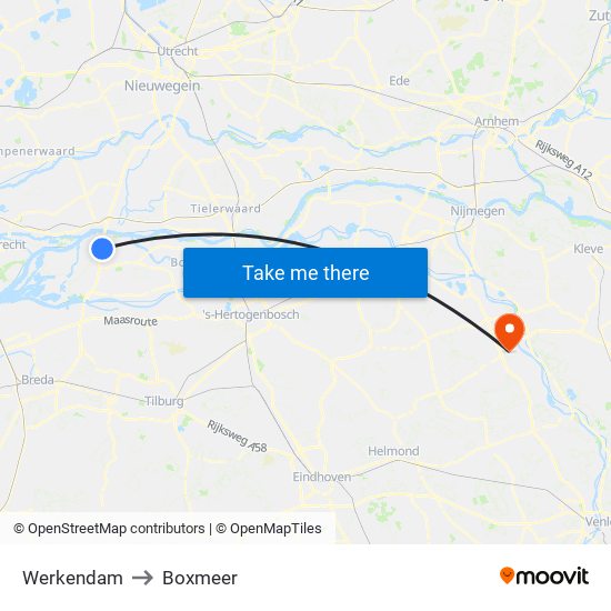 Werkendam to Boxmeer map