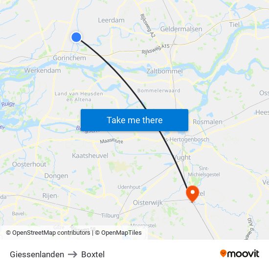 Giessenlanden to Boxtel map