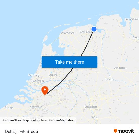 Delfzijl to Breda map