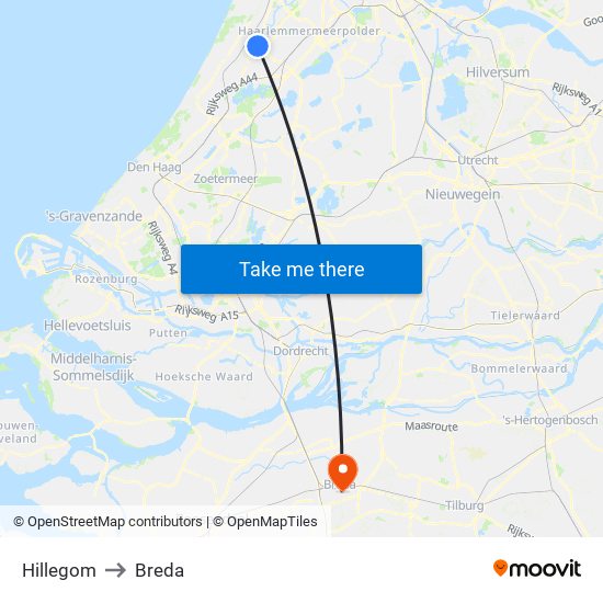Hillegom to Breda map