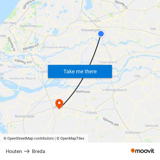 Houten to Breda map