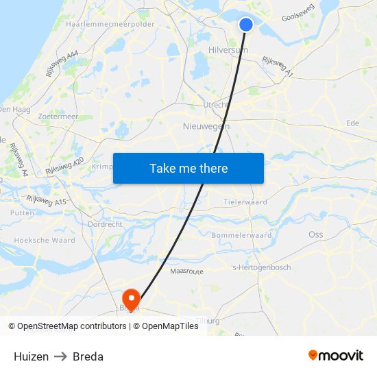 Huizen to Breda map