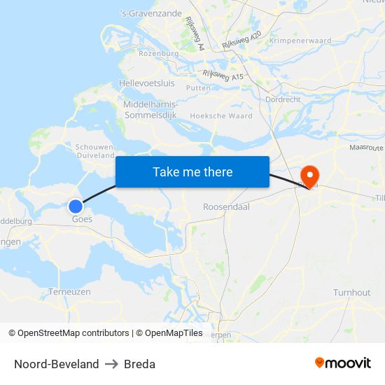 Noord-Beveland to Breda map