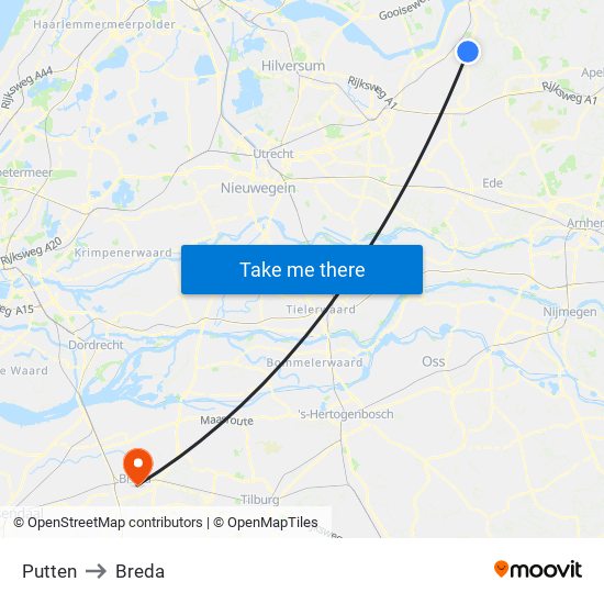 Putten to Breda map