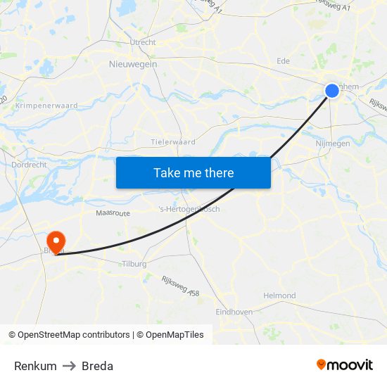 Renkum to Breda map