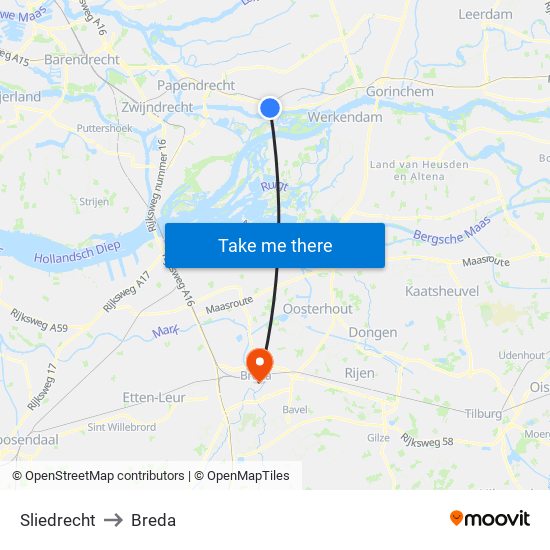Sliedrecht to Breda map