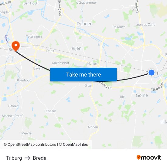 Tilburg to Breda map