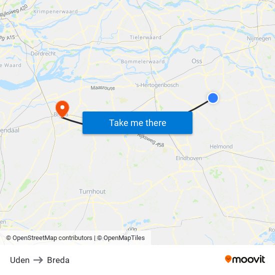 Uden to Breda map