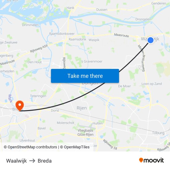 Waalwijk to Breda map