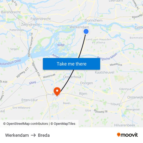 Werkendam to Breda map