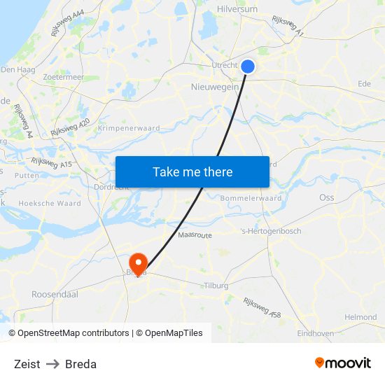 Zeist to Breda map