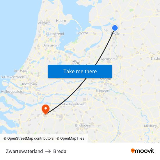 Zwartewaterland to Breda map