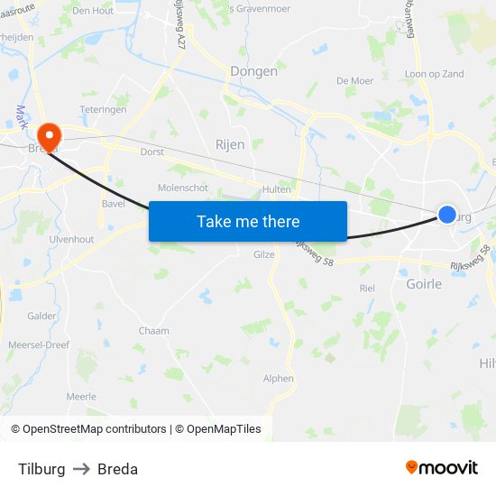 Tilburg to Breda map