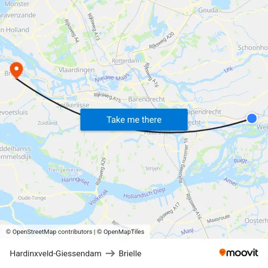 Hardinxveld-Giessendam to Brielle map