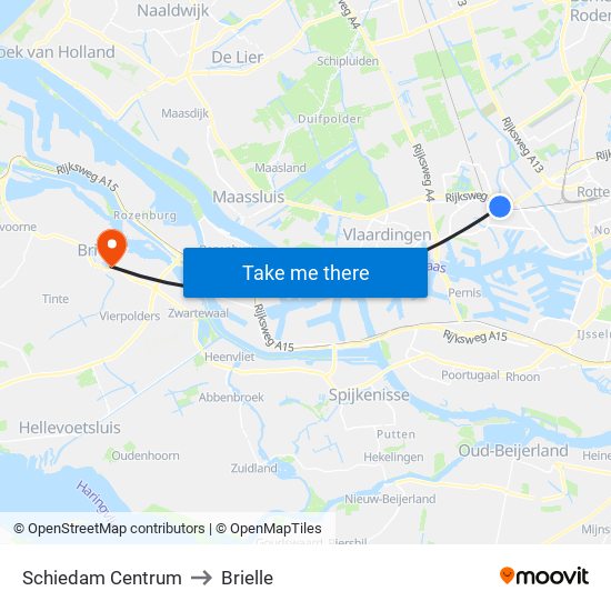 Schiedam Centrum to Brielle map