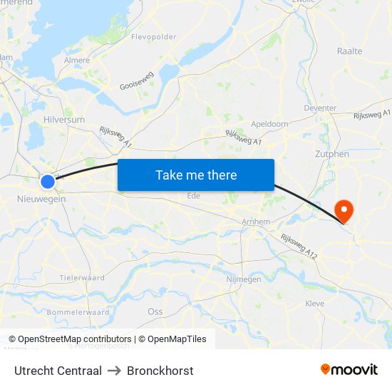 Utrecht Centraal to Bronckhorst map