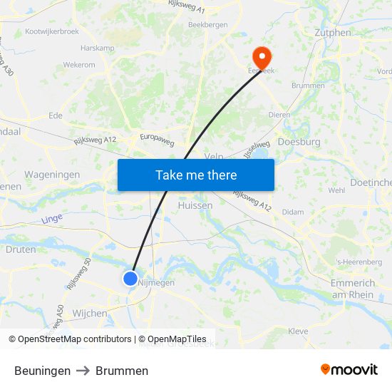 Beuningen to Brummen map