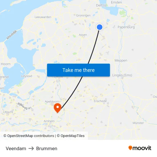Veendam to Brummen map