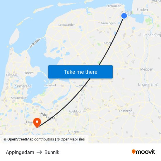 Appingedam to Bunnik map