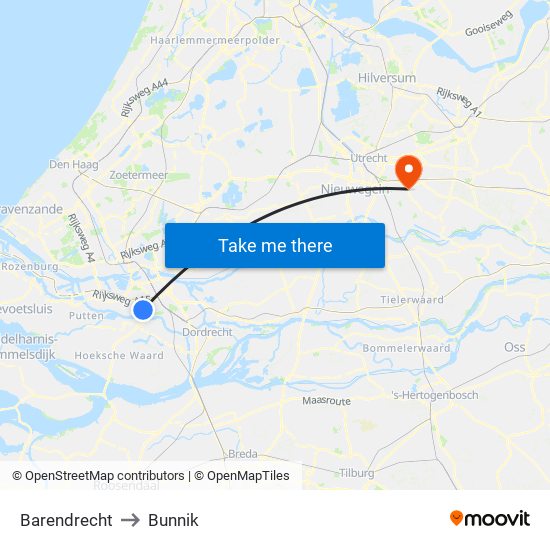 Barendrecht to Bunnik map