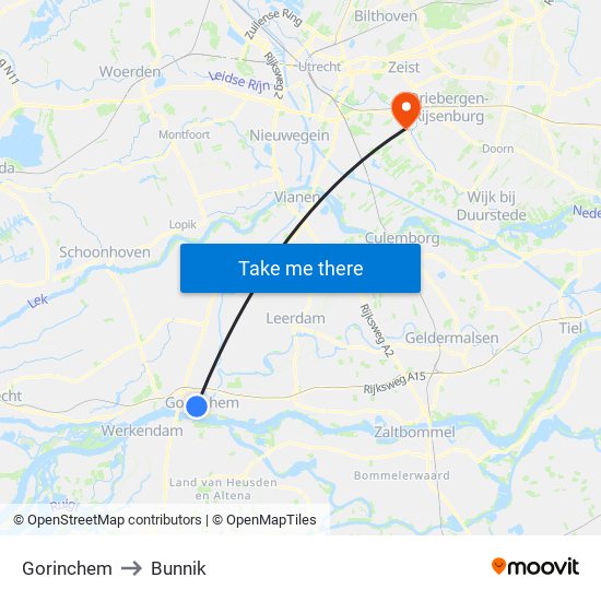 Gorinchem to Bunnik map