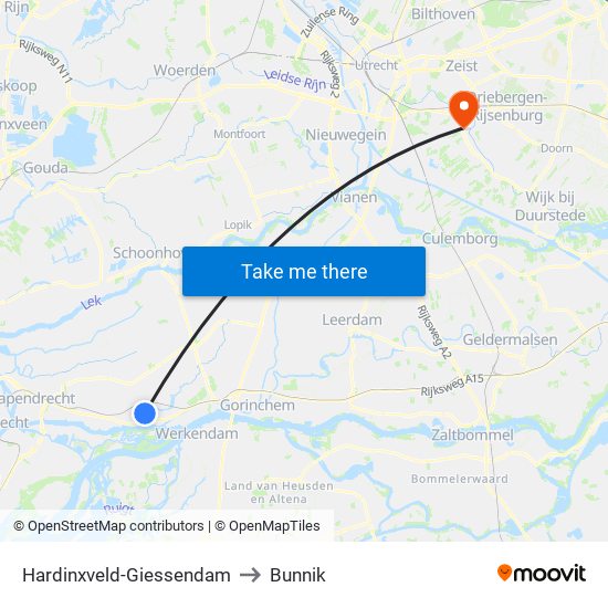 Hardinxveld-Giessendam to Bunnik map