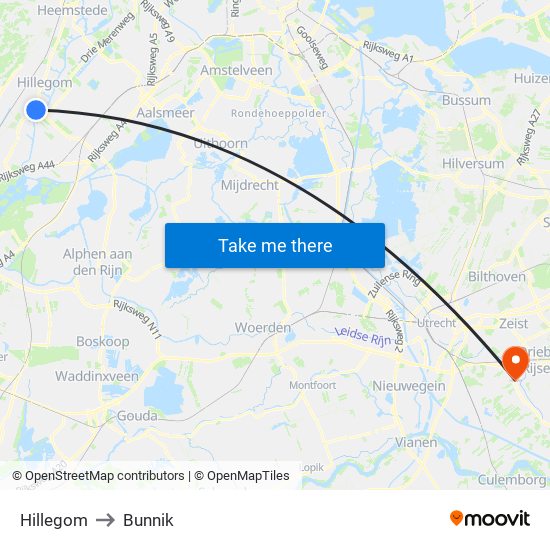 Hillegom to Bunnik map