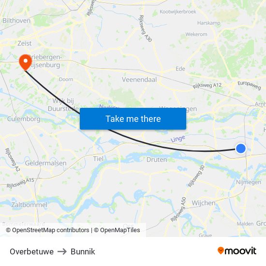 Overbetuwe to Bunnik map