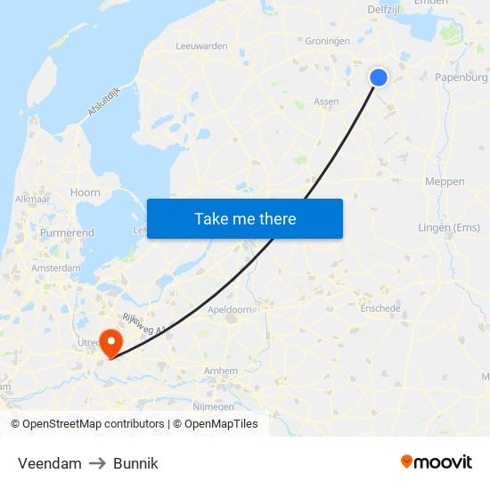 Veendam to Bunnik map