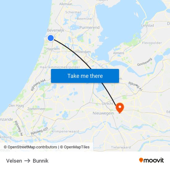 Velsen to Bunnik map