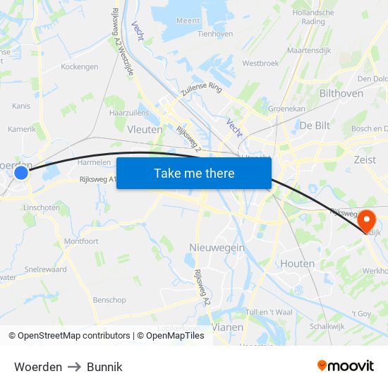 Woerden to Bunnik map