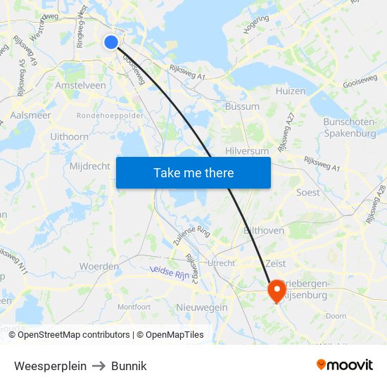 Weesperplein to Bunnik map