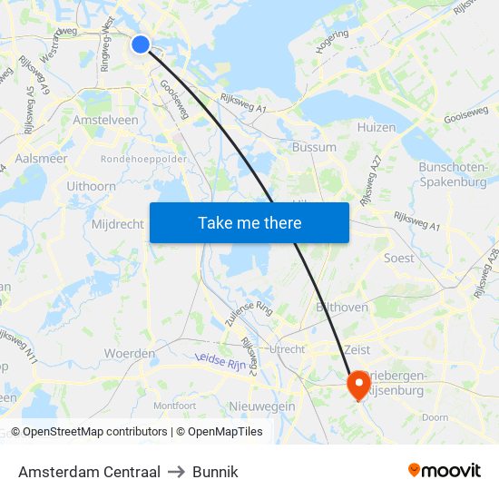 Amsterdam Centraal to Bunnik map