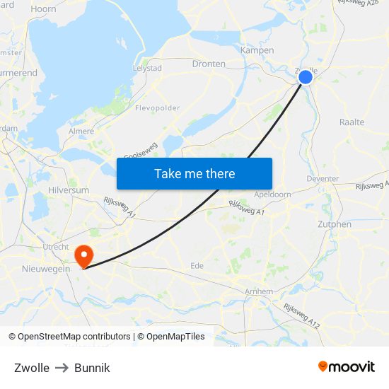 Zwolle to Bunnik map