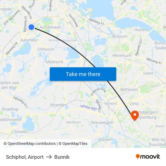 Schiphol, Airport to Bunnik map