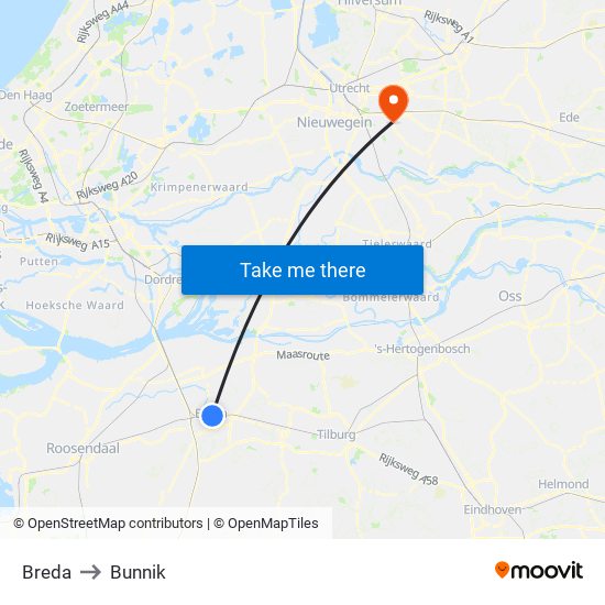 Breda to Bunnik map