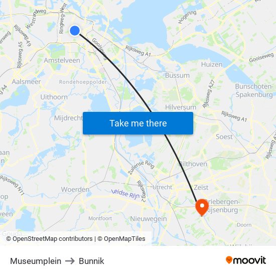 Museumplein to Bunnik map