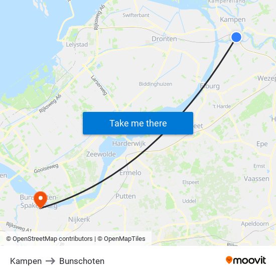 Kampen to Bunschoten map