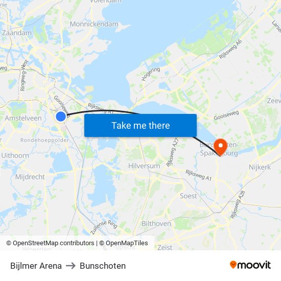Bijlmer Arena to Bunschoten map