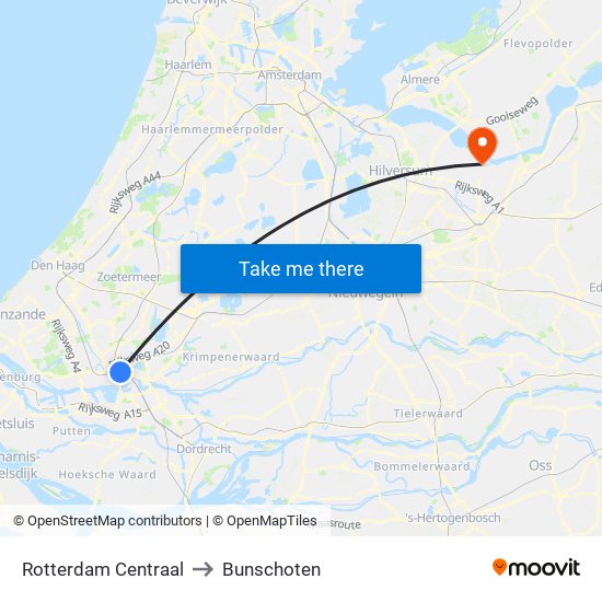 Rotterdam Centraal to Bunschoten map