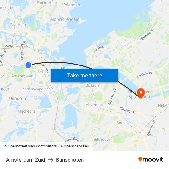 Amsterdam Zuid to Bunschoten map