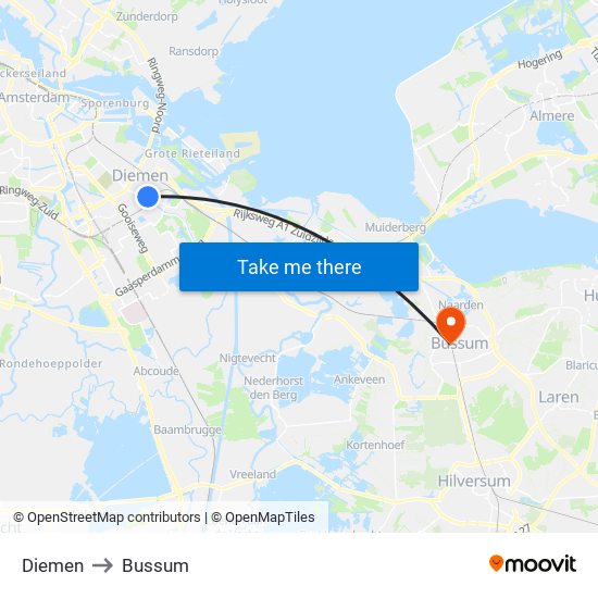 Diemen to Bussum map