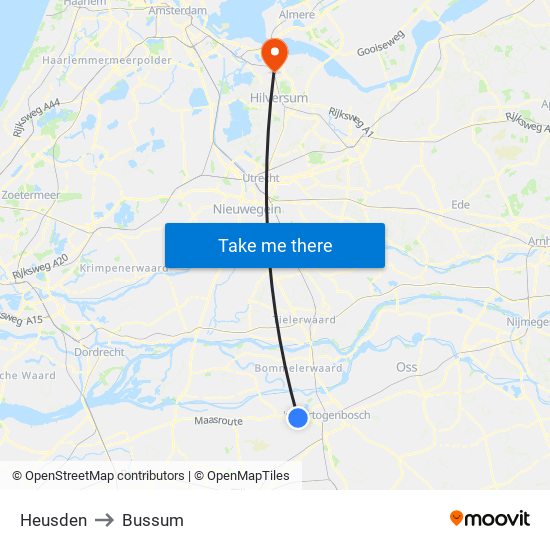 Heusden to Bussum map