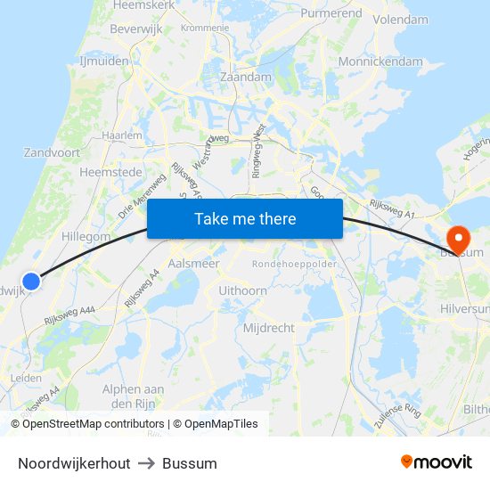Noordwijkerhout to Bussum map